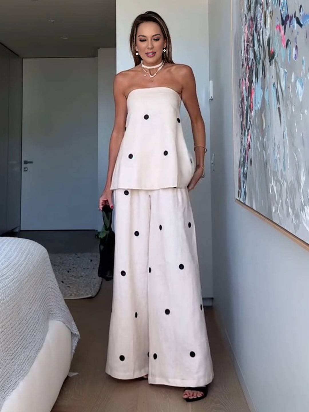 Cocolii 2 pièces ensembles avec pantalon larges jambes évasé top à pois fendu fermeture éclair bustier pour femme les vacances