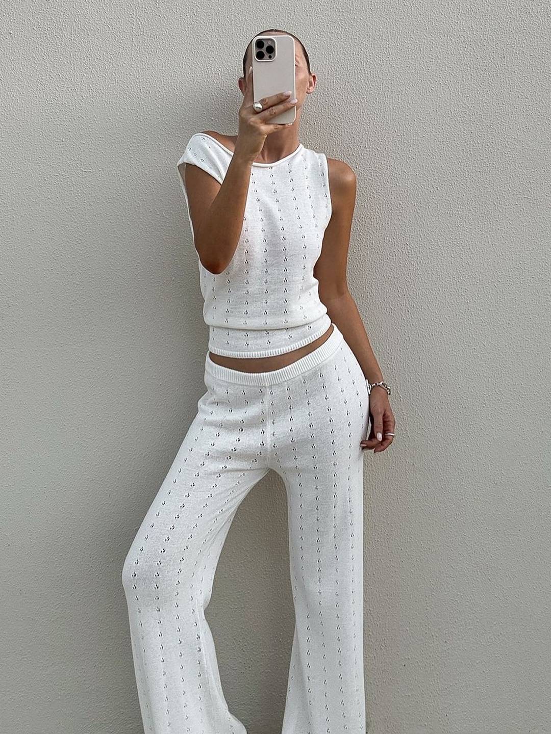 Cocolii ensembles en maille ajourée avec pantalon une épaule sans manches top et pantalon large femme bohème casual de plage