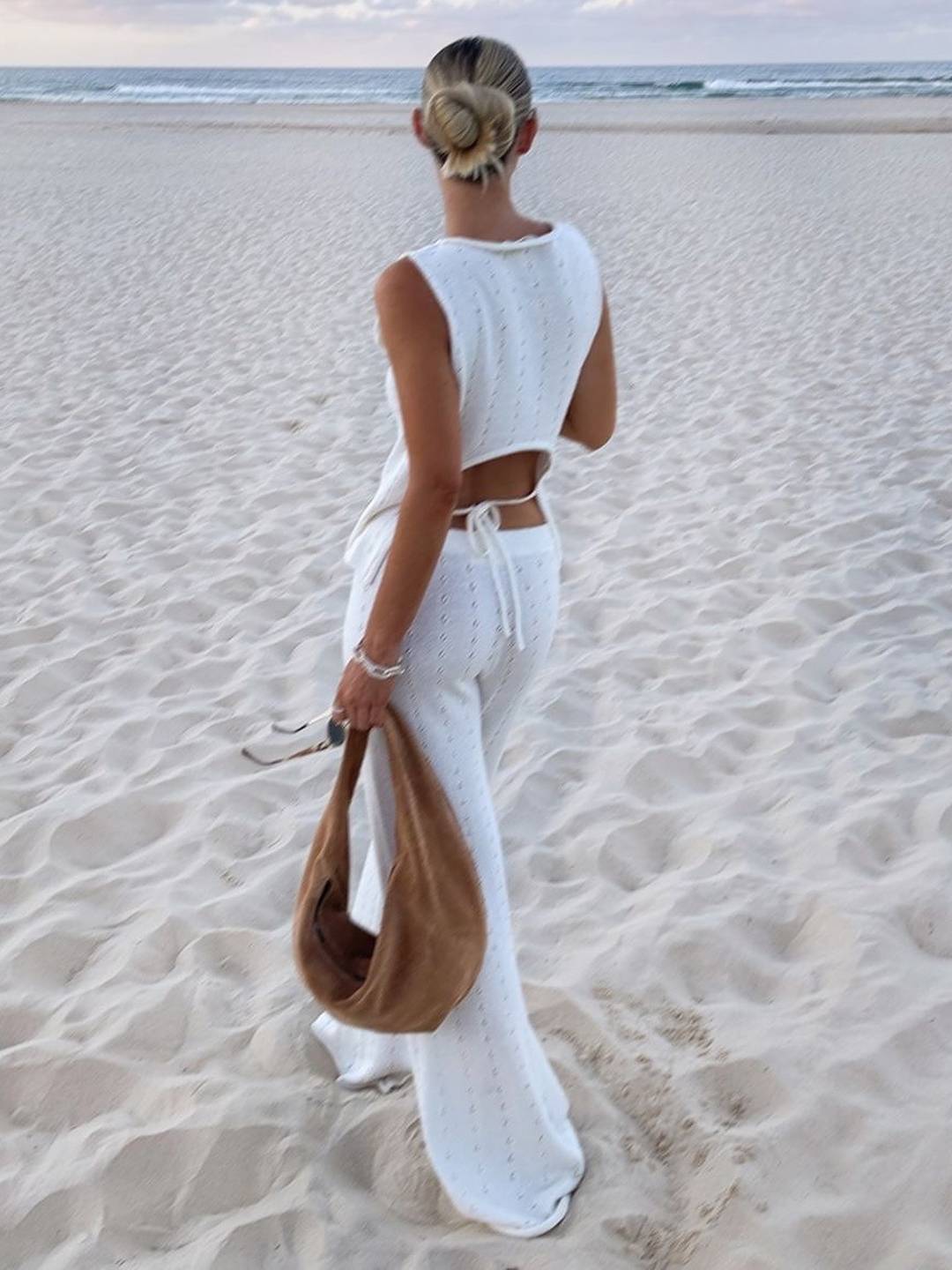 Cocolii ensembles en maille ajourée avec pantalon une épaule sans manches top et pantalon large femme bohème casual de plage