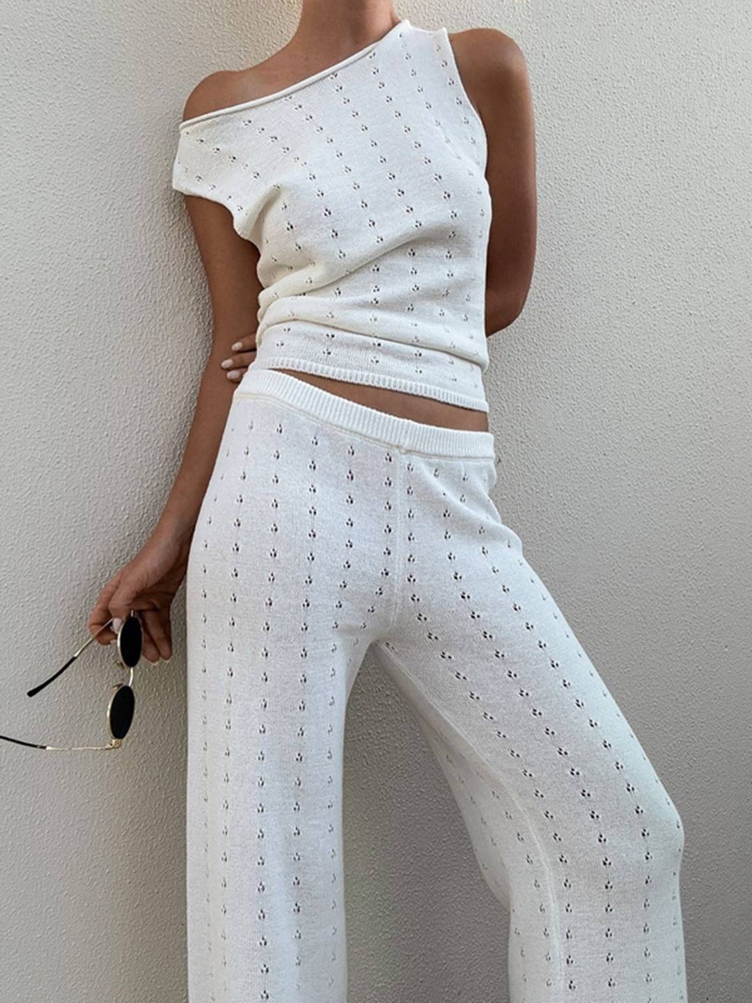 Cocolii ensembles en maille ajourée avec pantalon une épaule sans manches top et pantalon large femme bohème casual de plage