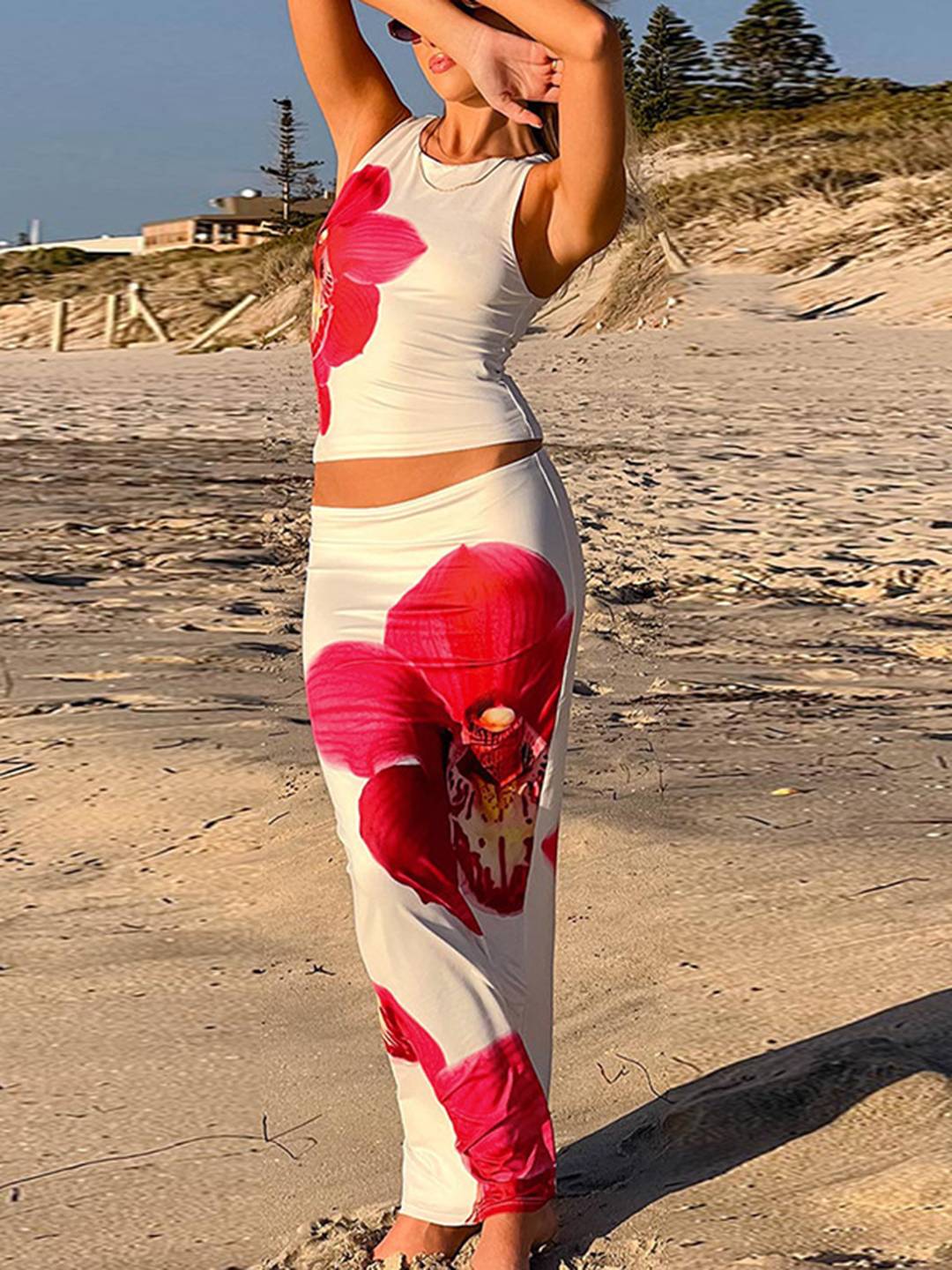 Cocolii ensemble robe d'été fleurie cropped col rond sans manches top et longue jupe femme décontracté vintage de plage