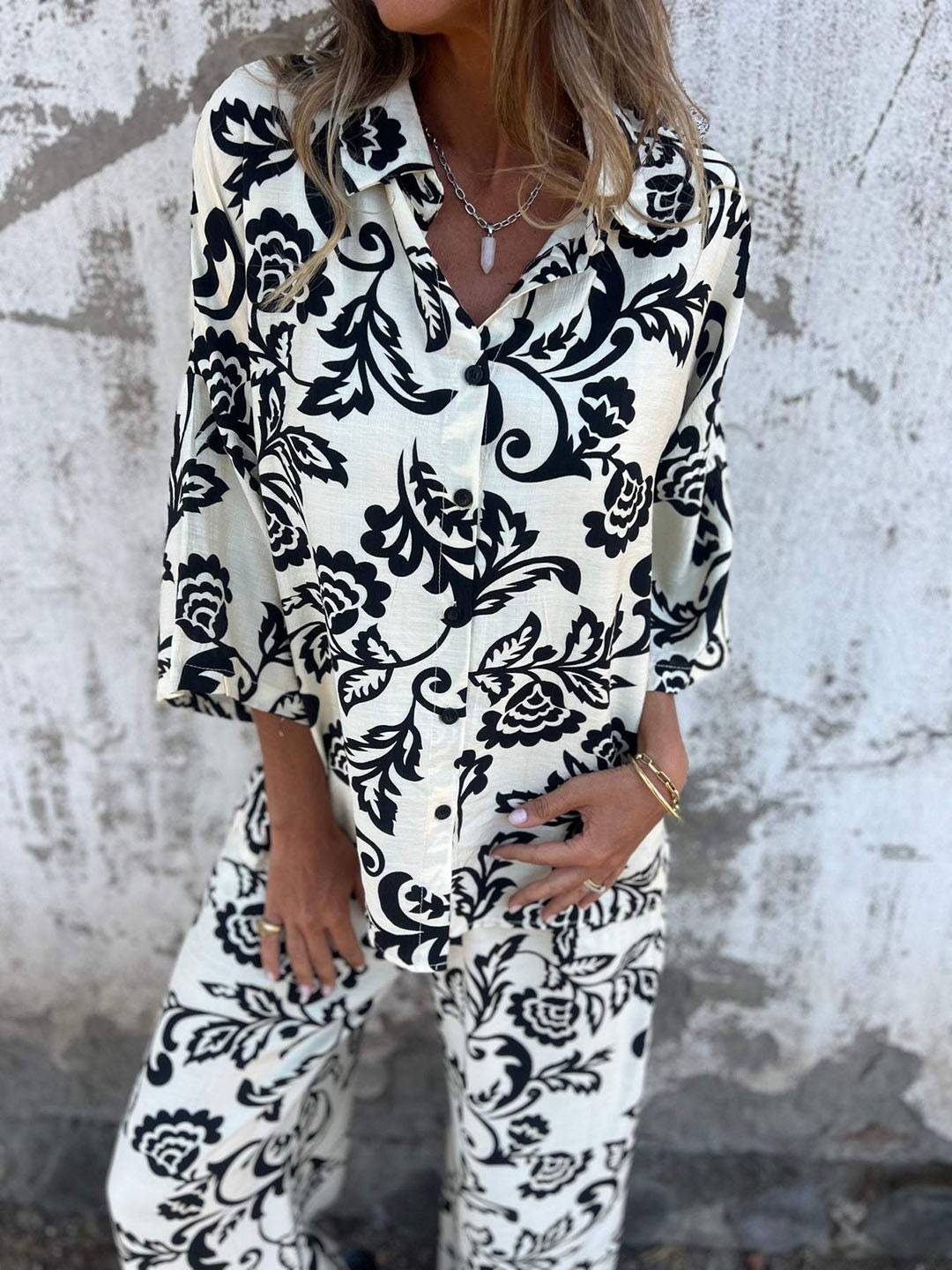 Cocolii ensembles imprimé à fleurie poches col chemise manches longues chemise et pantalon femme casual décontracté deux pièces