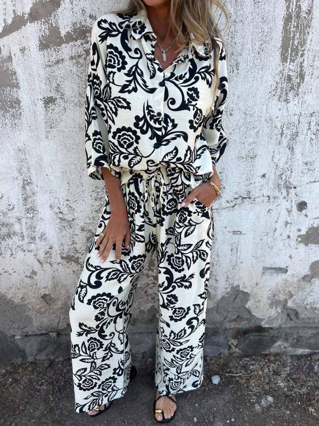 Cocolii ensembles imprimé à fleurie poches col chemise manches longues chemise et pantalon femme casual décontracté deux pièces