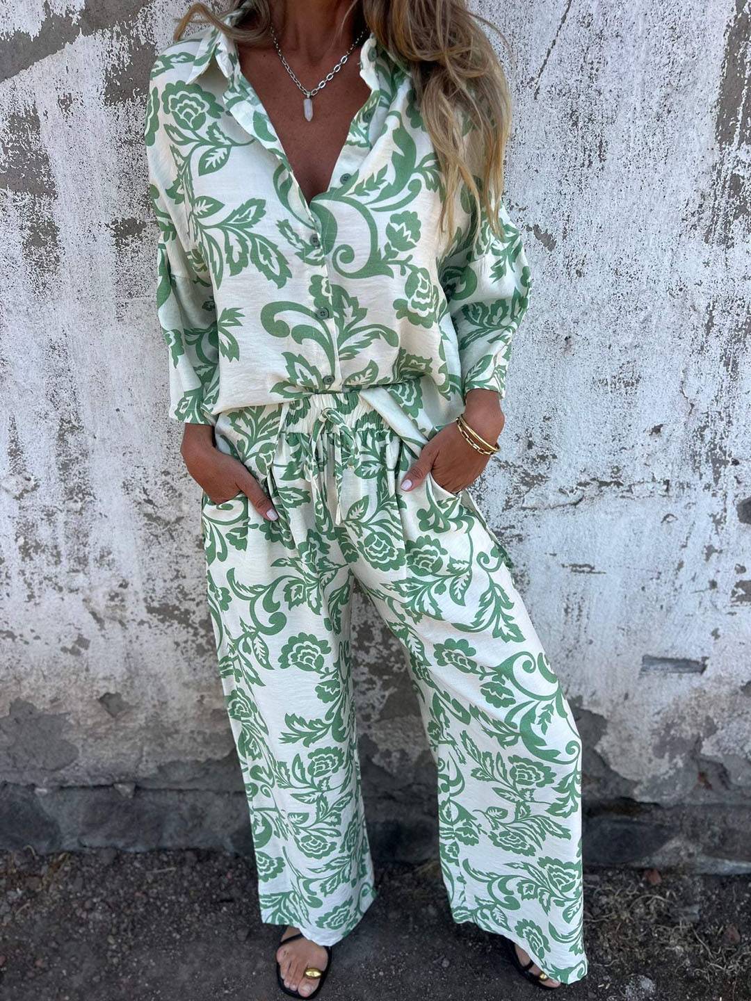 Cocolii ensembles imprimé à fleurie poches col chemise manches longues chemise et pantalon femme casual décontracté deux pièces