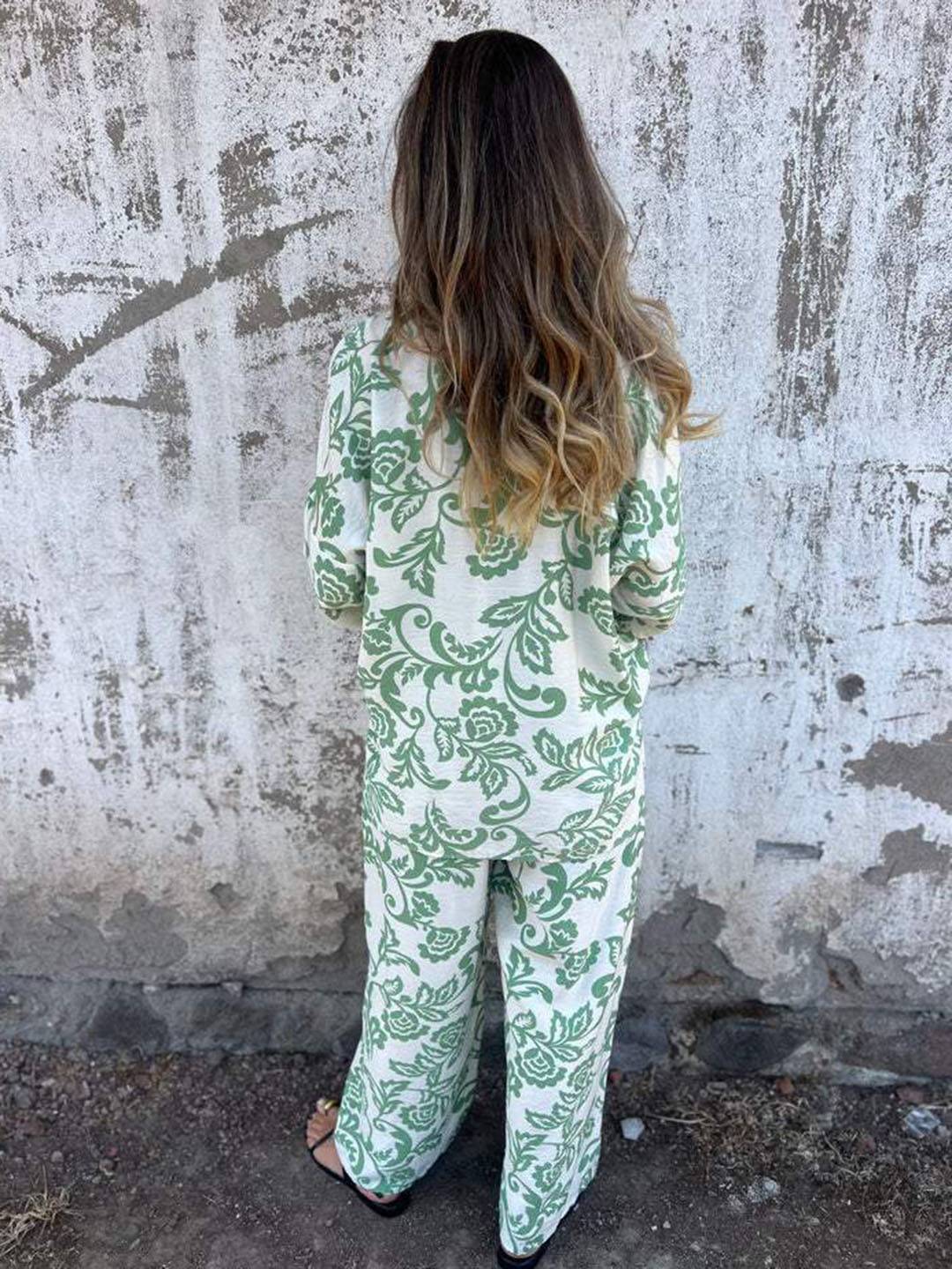 Cocolii ensembles imprimé à fleurie poches col chemise manches longues chemise et pantalon femme casual décontracté deux pièces