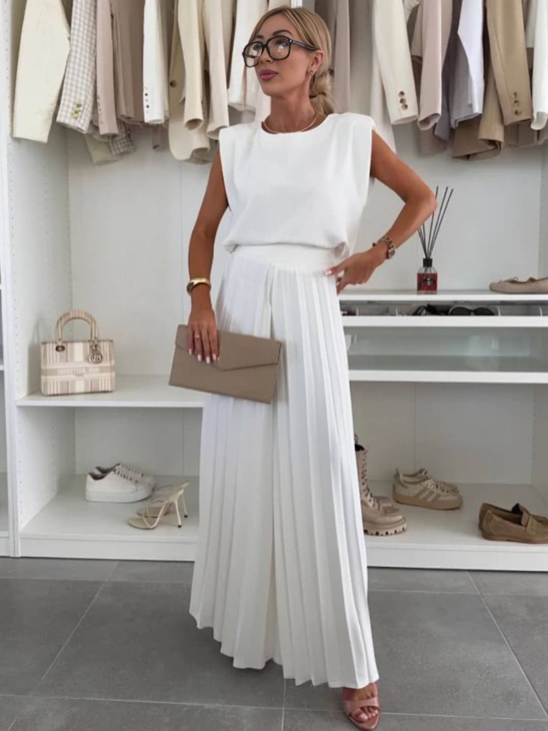 Cocolii tenu ensembles avec larges jambes évasé plissé pantalon col rond sans manches hauts femme boho décontracté deux pièces