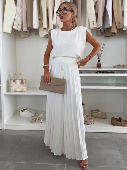 Cocolii tenu ensembles avec larges jambes évasé plissé pantalon col rond sans manches hauts femme boho décontracté deux pièces