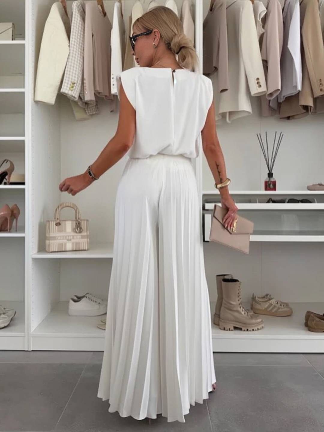 Cocolii tenu ensembles avec larges jambes évasé plissé pantalon col rond sans manches hauts femme boho décontracté deux pièces