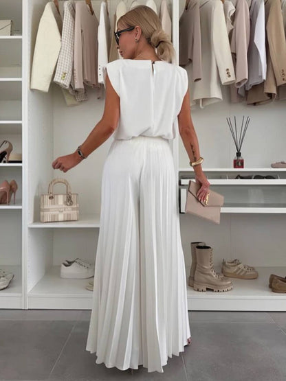 Cocolii tenu ensembles avec larges jambes évasé plissé pantalon col rond sans manches hauts femme boho décontracté deux pièces