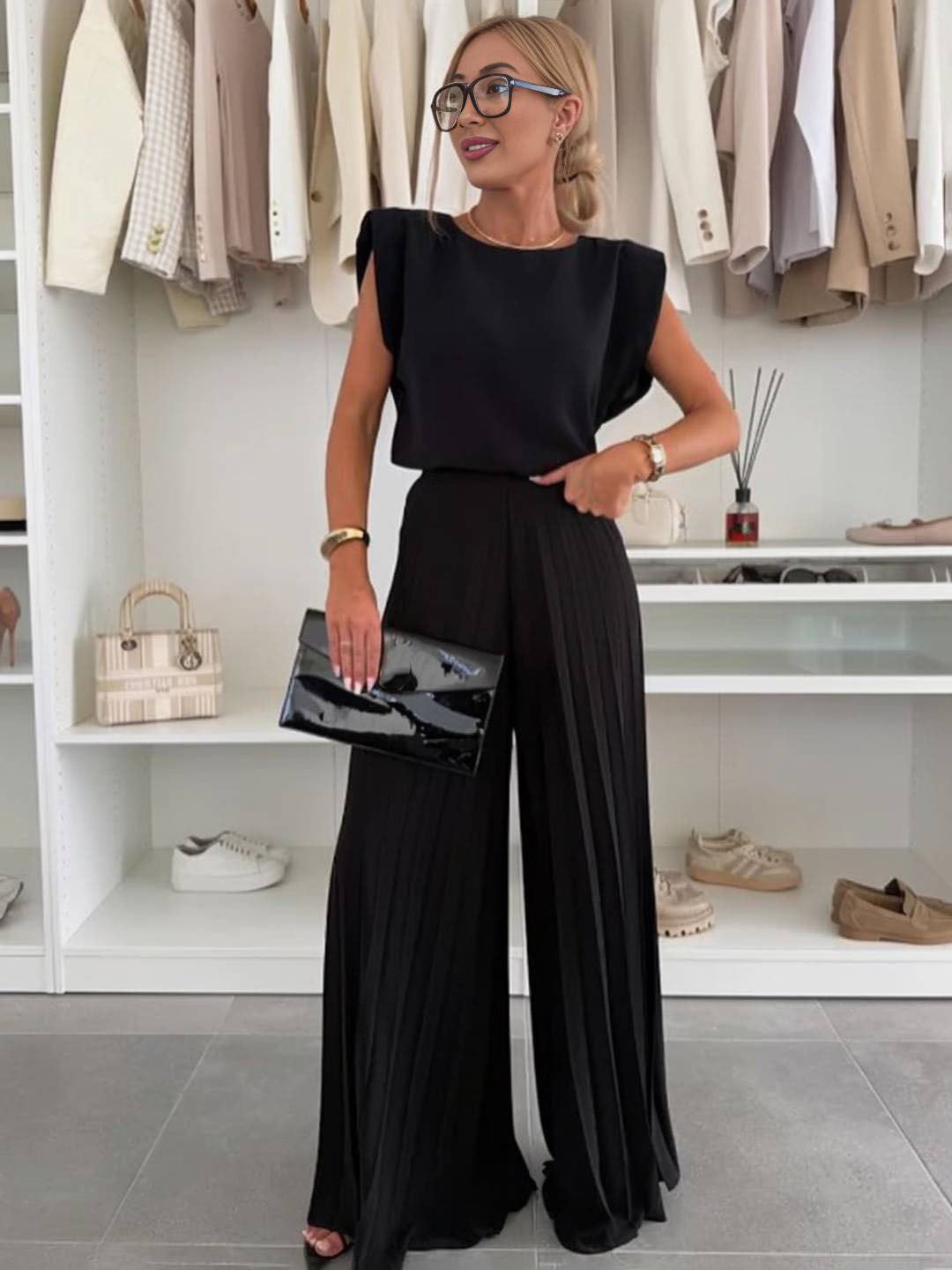 Cocolii tenu ensembles avec larges jambes évasé plissé pantalon col rond sans manches hauts femme boho décontracté deux pièces