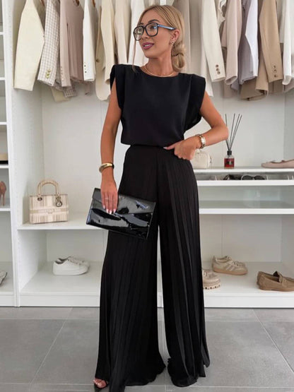 Cocolii tenu ensembles avec larges jambes évasé plissé pantalon col rond sans manches hauts femme boho décontracté deux pièces