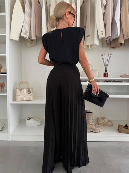 Cocolii tenu ensembles avec larges jambes évasé plissé pantalon col rond sans manches hauts femme boho décontracté deux pièces