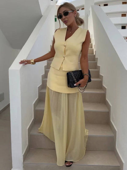 Cocolii tenu ensembles tailleur v-cou sans manches gilet et jupe tulle fluide décontracté chic pour vacances deux pièces