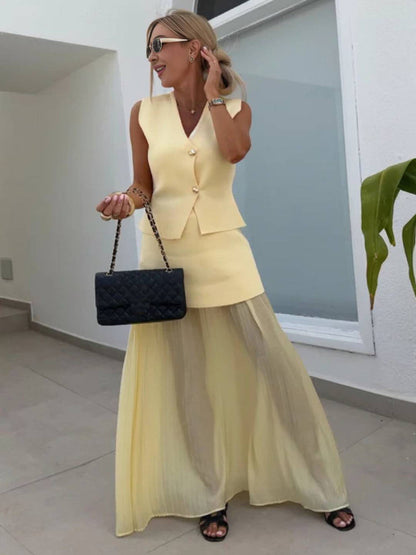 Cocolii tenu ensembles tailleur v-cou sans manches gilet et jupe tulle fluide décontracté chic pour vacances deux pièces