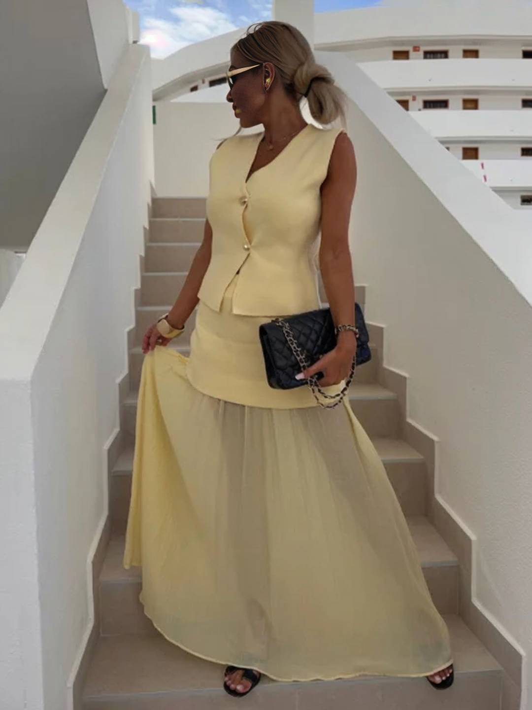 Cocolii tenu ensembles tailleur v-cou sans manches gilet et jupe tulle fluide décontracté chic pour vacances deux pièces