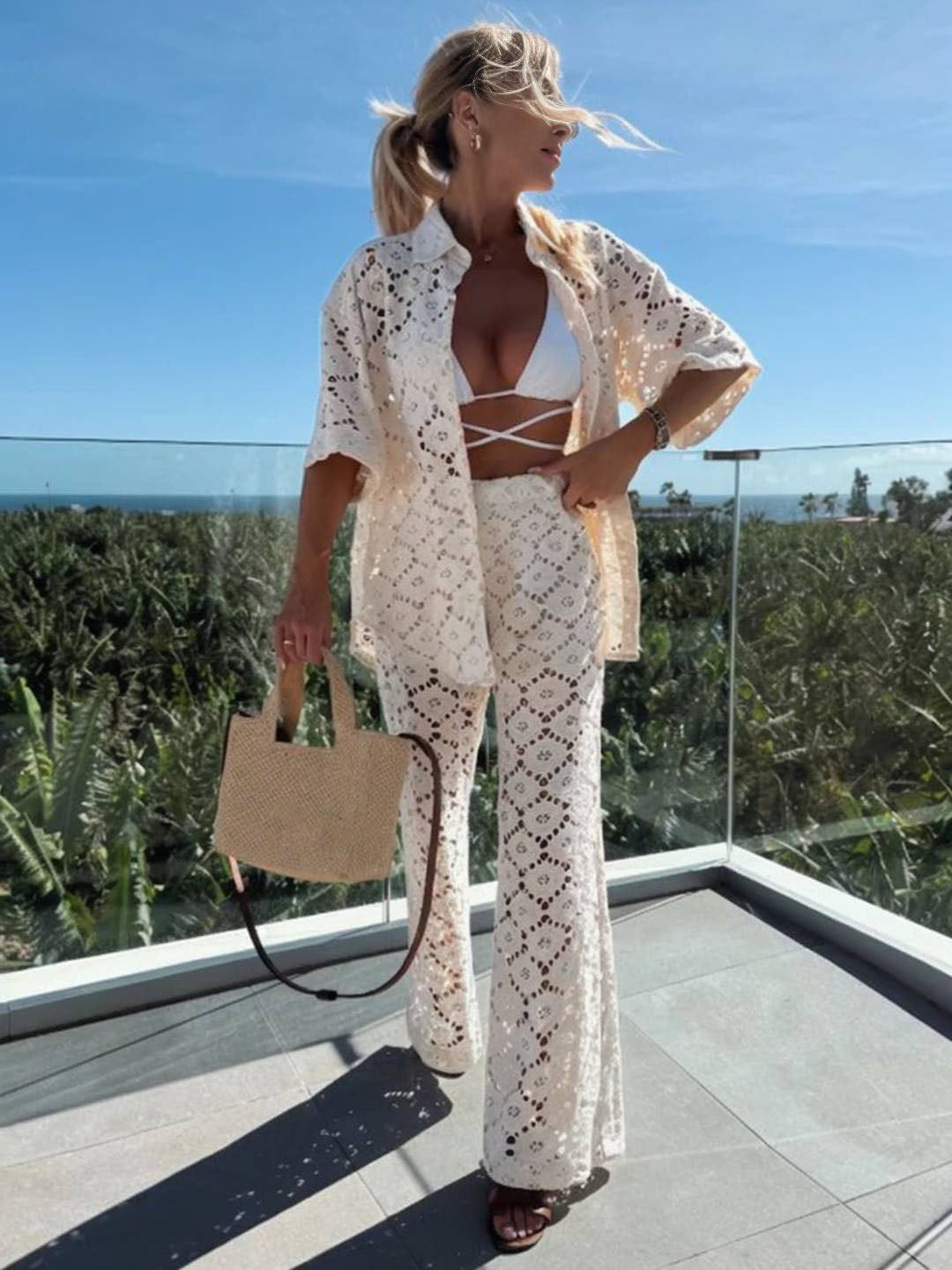 Cocolii tenu femme dentelle broderie anglaise ensembles avec pantalon col chemise manches courtes boho décontracté deux pièces