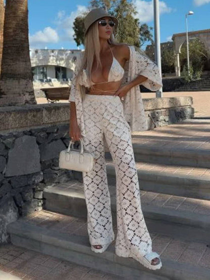 Cocolii tenu femme dentelle broderie anglaise ensembles avec pantalon col chemise manches courtes boho décontracté deux pièces