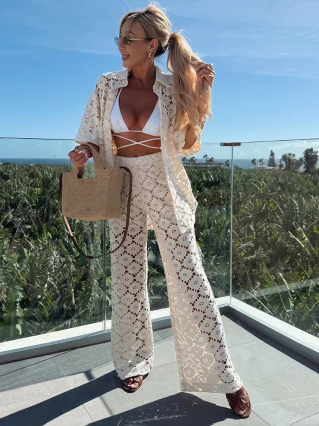 Cocolii tenu femme dentelle broderie anglaise ensembles avec pantalon col chemise manches courtes boho décontracté deux pièces