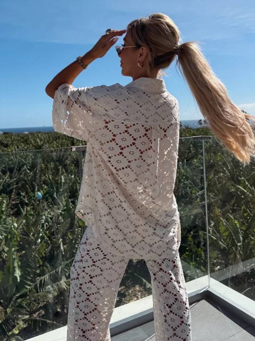 Cocolii tenu femme dentelle broderie anglaise ensembles avec pantalon col chemise manches courtes boho décontracté deux pièces