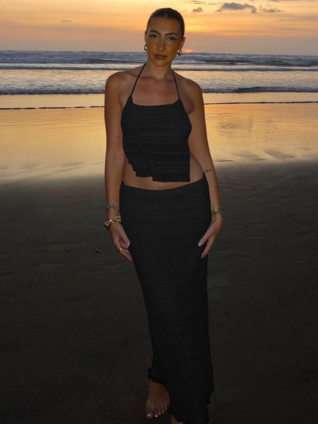 Cocolii tenue ensemble avec longue jupe mousseline dos nu licou sans manches débardeur robe femme bohème décontracté deux pièces