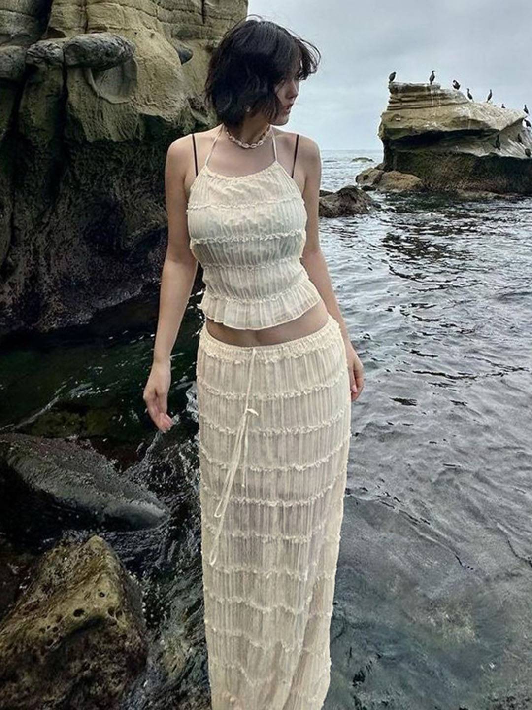 Cocolii tenue ensemble avec longue jupe mousseline dos nu licou sans manches débardeur robe femme bohème décontracté deux pièces