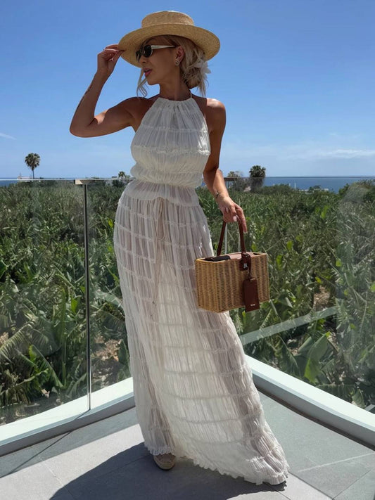 Cocolii ensemble avec longue jupe licou dos nu sans manches débardeur femme dou bohème simple décontracté deux pièces