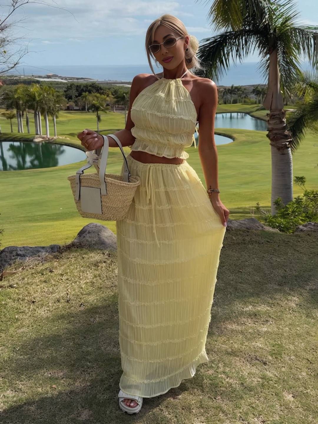 Cocolii ensemble avec longue jupe licou dos nu sans manches débardeur femme dou bohème simple décontracté deux pièces