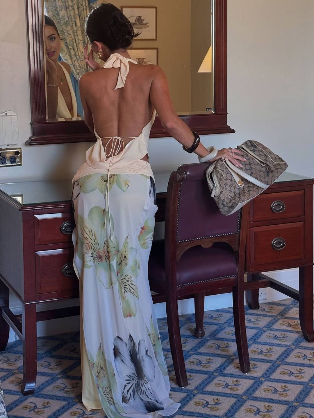 Cocolii ensemble avec longue imprimé à fleurie fendu jupe licou décolleté plongeant dos nu sans manches hauts femme décontracté