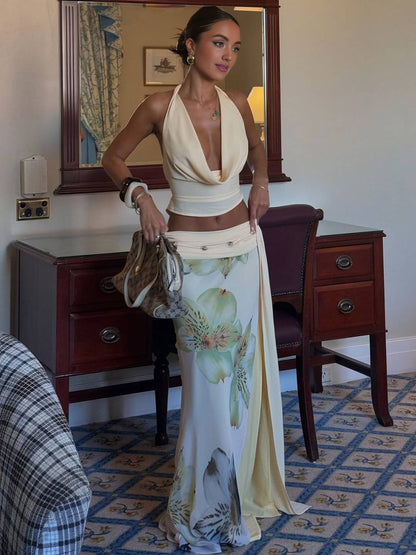Cocolii ensemble avec longue imprimé à fleurie fendu jupe licou décolleté plongeant dos nu sans manches hauts femme décontracté