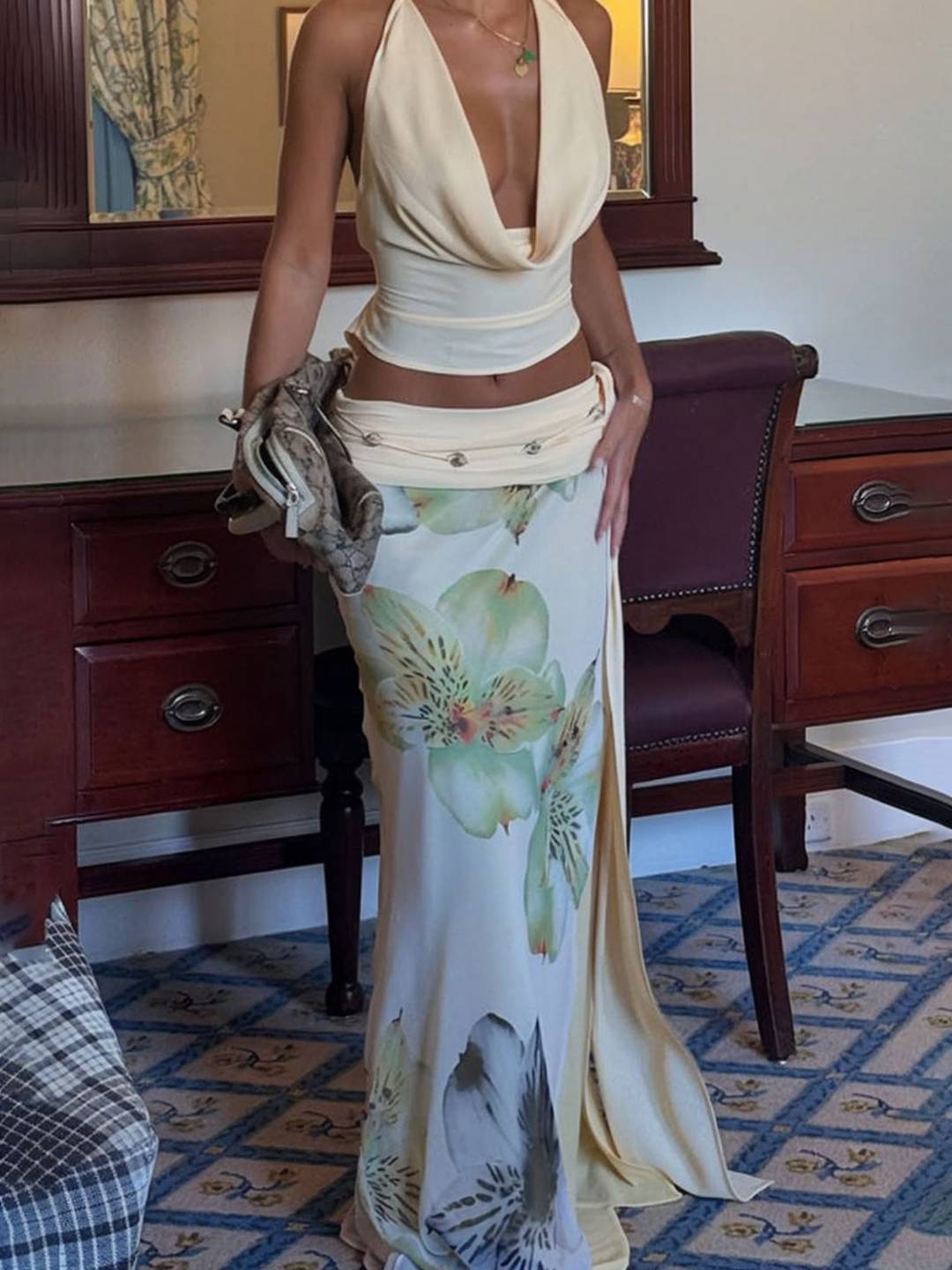 Cocolii ensemble avec longue imprimé à fleurie fendu jupe licou décolleté plongeant dos nu sans manches hauts femme décontracté