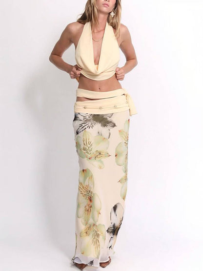 Cocolii ensemble avec longue imprimé à fleurie fendu jupe licou décolleté plongeant dos nu sans manches hauts femme décontracté