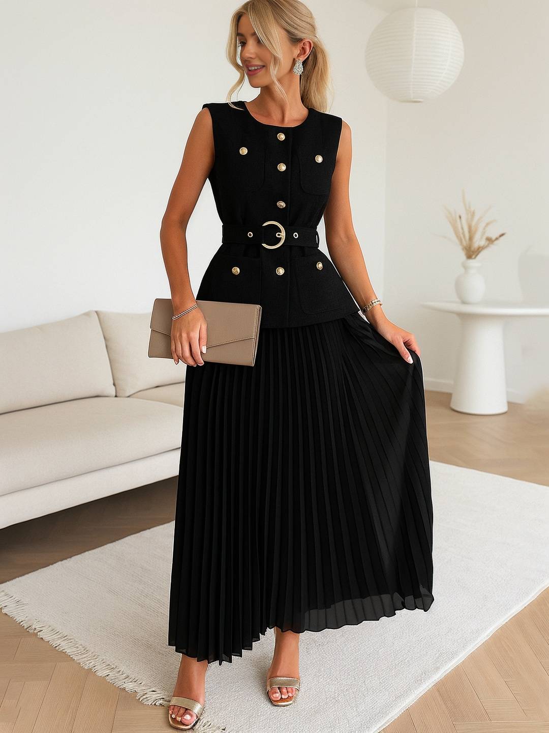 Cocolii ensembles tailleur tweed boutonnage ceinture sans manches veste avec tulle plissé longue jupe élégant vintage décontracté tenu