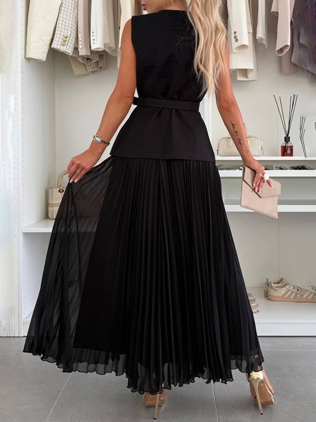 Cocolii ensembles tailleur tweed boutonnage ceinture sans manches veste avec tulle plissé longue jupe élégant vintage décontracté tenu