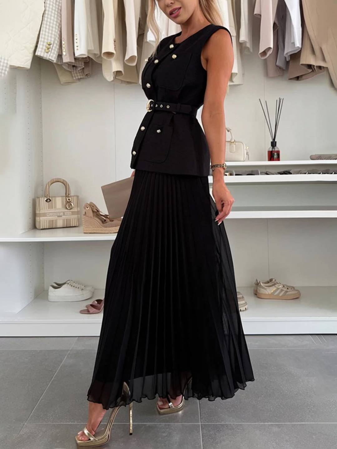 Cocolii ensembles tailleur tweed boutonnage ceinture sans manches veste avec tulle plissé longue jupe élégant vintage décontracté tenu