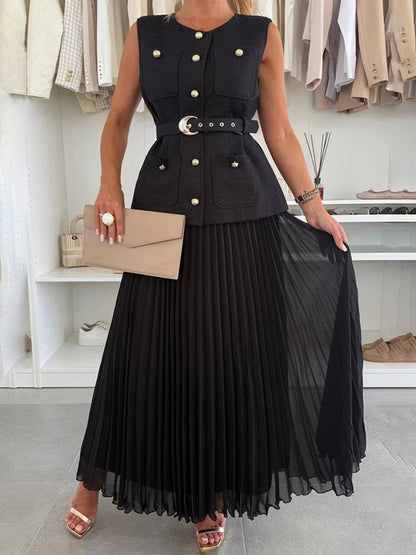 Cocolii ensembles tailleur tweed boutonnage ceinture sans manches veste avec tulle plissé longue jupe élégant vintage décontracté tenu