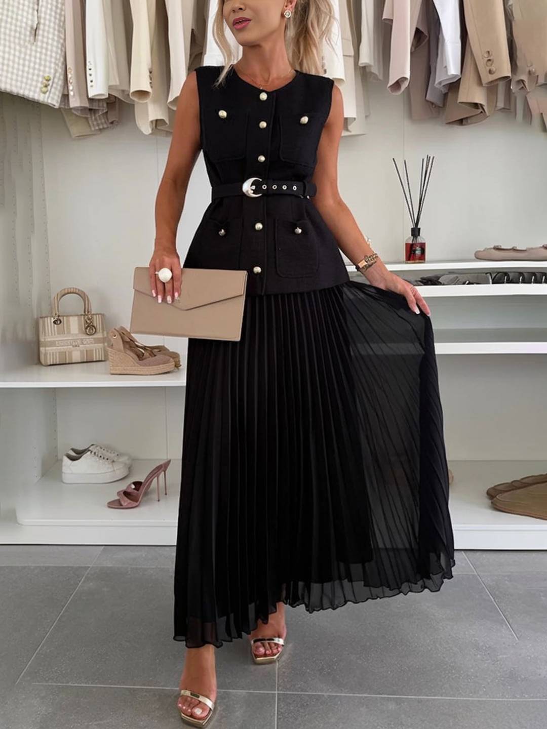 Cocolii ensembles tailleur tweed boutonnage ceinture sans manches veste avec tulle plissé longue jupe élégant vintage décontracté tenu