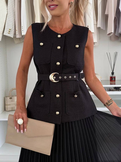 Cocolii ensembles tailleur tweed boutonnage ceinture sans manches veste avec tulle plissé longue jupe élégant vintage décontracté tenu