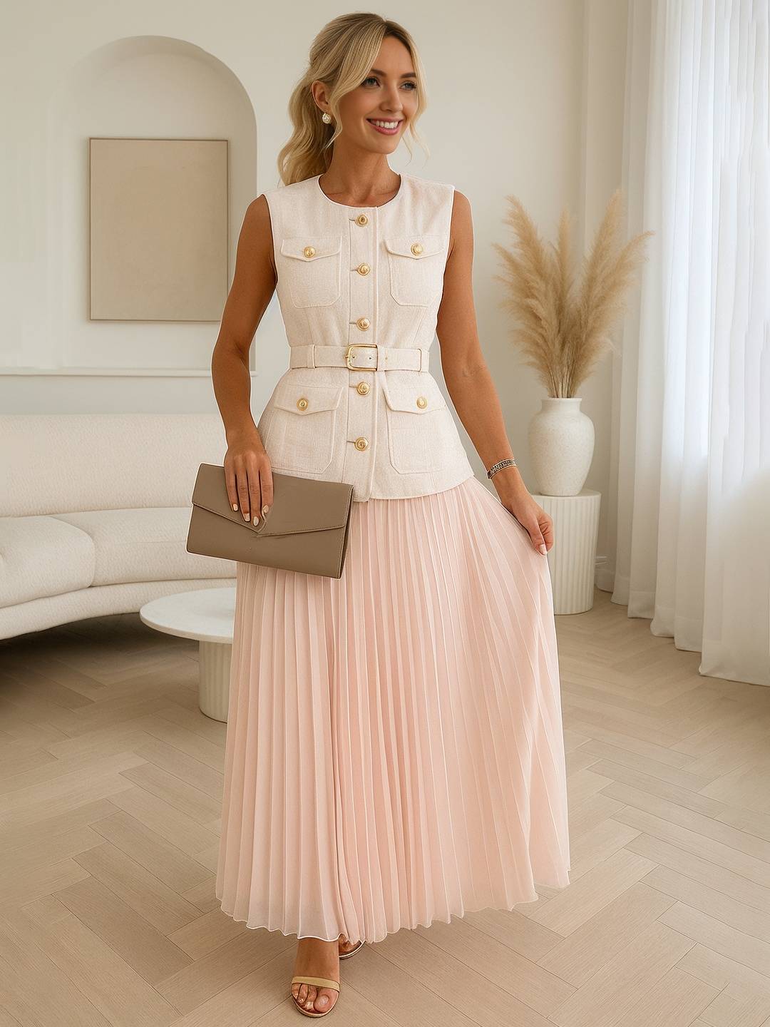 Cocolii ensembles tailleur tweed boutonnage ceinture sans manches veste avec tulle plissé longue jupe élégant vintage décontracté tenu