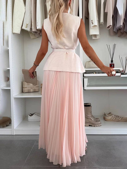 Cocolii ensembles tailleur tweed boutonnage ceinture sans manches veste avec tulle plissé longue jupe élégant vintage décontracté tenu