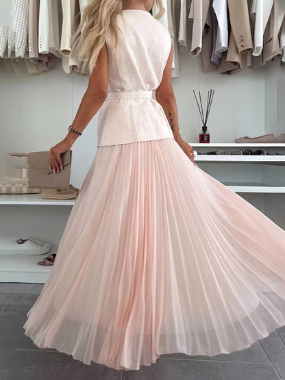 Cocolii ensembles tailleur tweed boutonnage ceinture sans manches veste avec tulle plissé longue jupe élégant vintage décontracté tenu