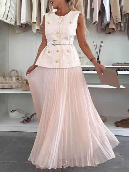 Cocolii ensembles tailleur tweed boutonnage ceinture sans manches veste avec tulle plissé longue jupe élégant vintage décontracté tenu