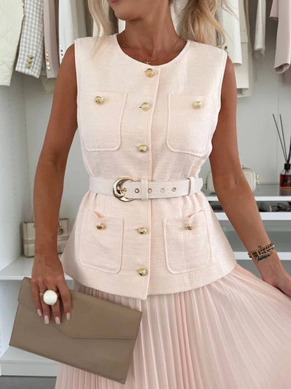 Cocolii ensembles tailleur tweed boutonnage ceinture sans manches veste avec tulle plissé longue jupe élégant vintage décontracté tenu