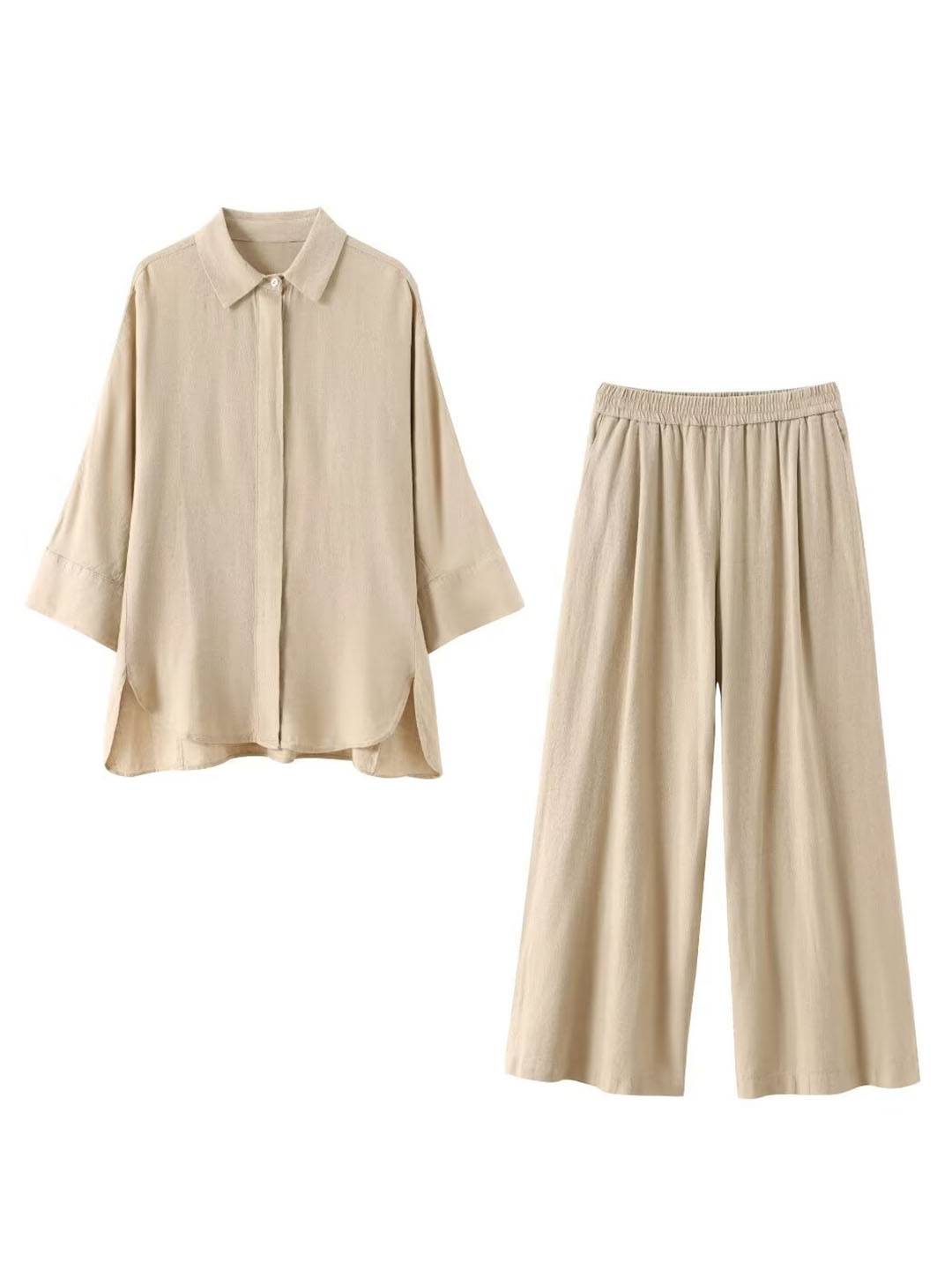 Cocolii ensembles avec poches pantalon unicolore boutonnage col chemise manches longues blouse femme ample décontracté tenue