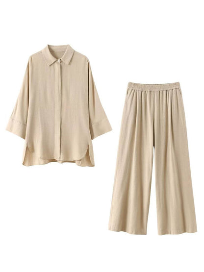 Cocolii ensembles avec poches pantalon unicolore boutonnage col chemise manches longues blouse femme ample décontracté tenue