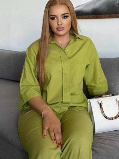 Cocolii ensembles avec poches pantalon unicolore boutonnage col chemise manches longues blouse femme ample décontracté tenue