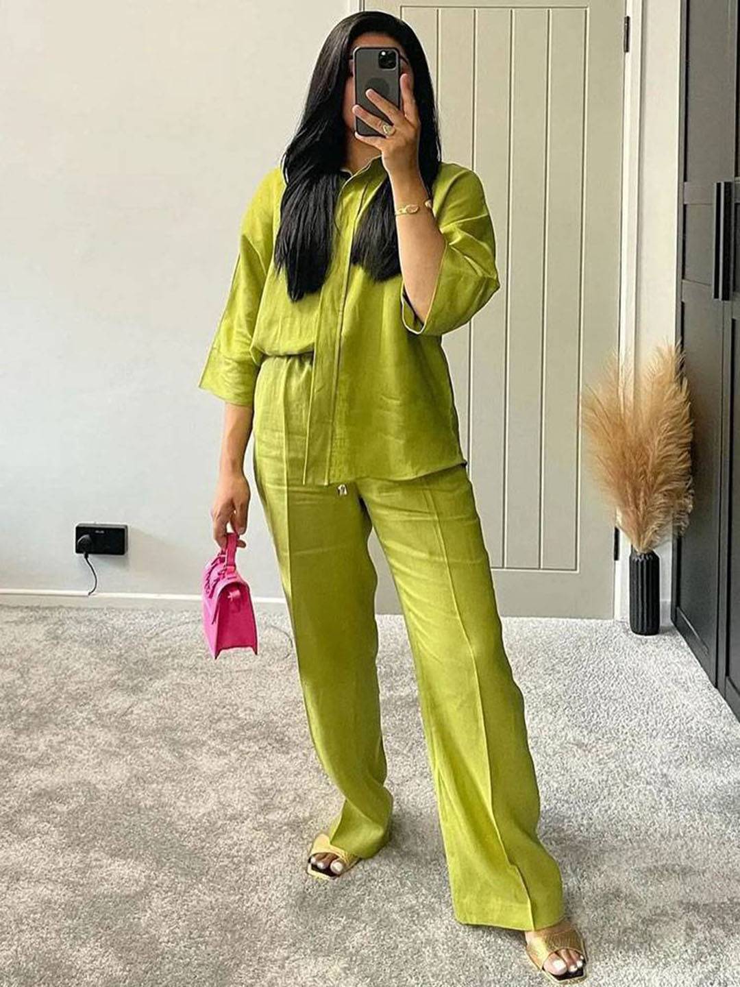 Cocolii ensembles avec poches pantalon unicolore boutonnage col chemise manches longues blouse femme ample décontracté tenue