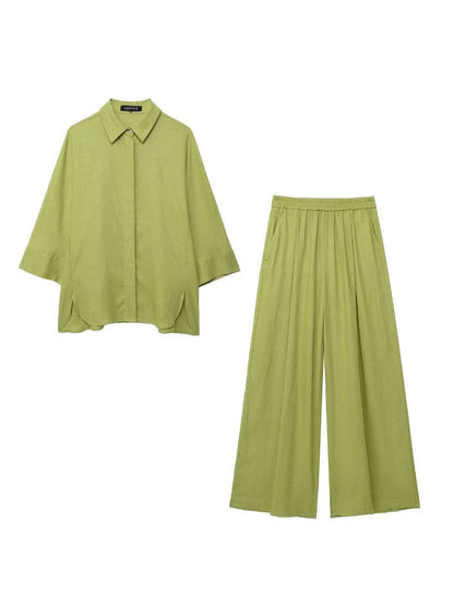 Cocolii ensembles avec poches pantalon unicolore boutonnage col chemise manches longues blouse femme ample décontracté tenue