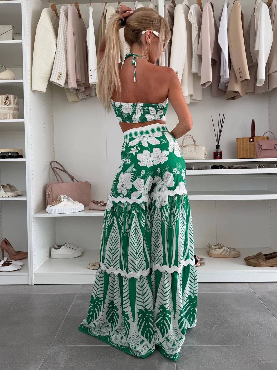 Cocolii lin imprimé à fleurie ensemble avec pantalon larges jambes évasé top bandeau court licou femme boho décontracté