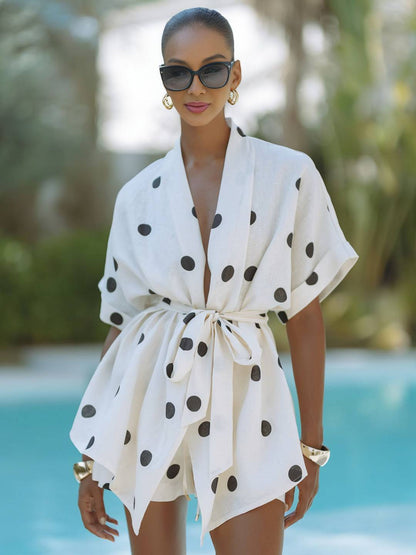 Cocolii lin ensemble à pois v-cou ceinture manches courtes hauts avec poches shorts femme ample décontracté deux pièces