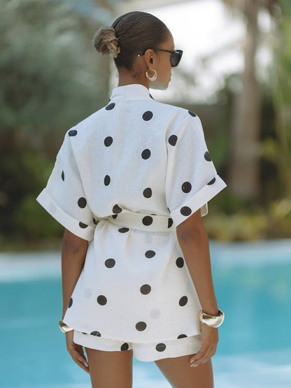 Cocolii lin ensemble à pois v-cou ceinture manches courtes hauts avec poches shorts femme ample décontracté deux pièces